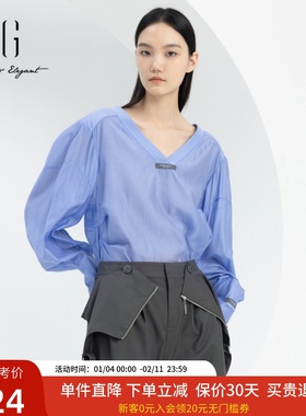 xg雪歌设计感V领长袖套头衬衣女2024春款灯笼袖衬衫XJ121016A502