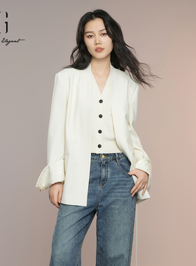 XG雪歌2025秋绵羊毛袖口绣花优雅系带国风西装外套女XK307003A391