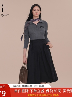XG雪歌假两件针织连衣裙女2025春新款黑色长袖A字裙XK111013B290