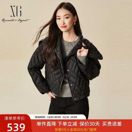 xg雪歌2024冬时尚大翻领轻盈保暖宽松羽绒服女短外套XJ406073A190