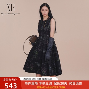XG雪歌百褶收腰蕾丝印花无袖 中长裙子XK104001B196 连衣裙25春新款