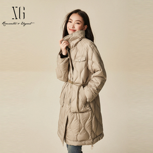xg雪歌休闲翻领韩系中长款 鹅绒外套XJ406070A273 羽绒服女2024冬款