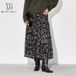 中长裙XL303870A806 碎花显瘦A版 XG雪歌25秋款 优雅通勤半身裙法式