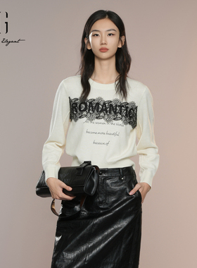 XG雪歌2025秋绵羊毛蕾丝拼接字母印花针织衫上衣女XK311025A691