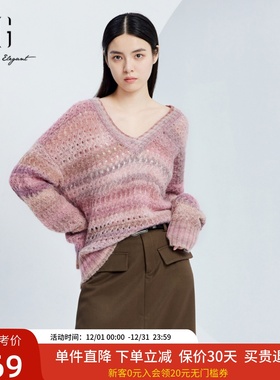 xg雪歌24秋新款慵懒感羊驼毛温柔镂空套头圆领针织衫XJ311033B616