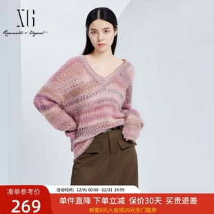 xg雪歌24秋新款 XJ311033B616 慵懒感羊驼毛温柔镂空套头圆领针织衫