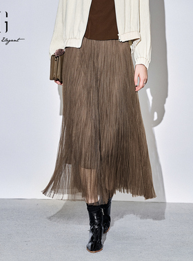 XG雪歌复古棕色网纱半身裙女2025秋款遮胯显瘦中长裙XK303022A172