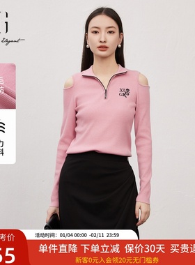 XG雪歌小众露肩翻领针织衫女2025春新款减龄套头毛衣XK111006A216