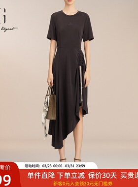 XG雪歌腰间抽褶短袖连衣裙女25夏款显瘦不规则中长裙XK204020A272