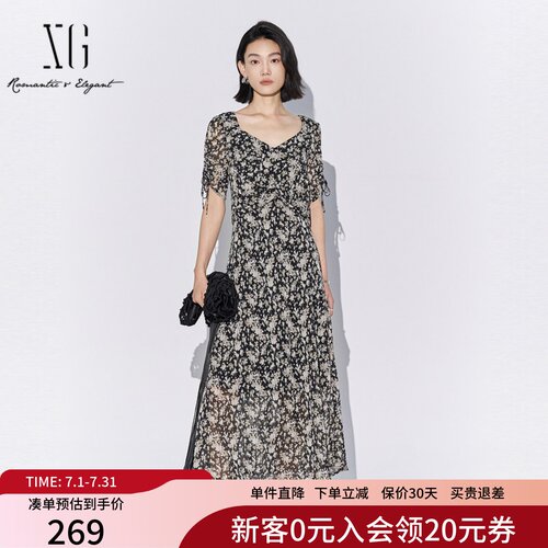 XG雪歌2025夏新款法式浪漫V领碎花雪纺连衣裙女短袖XL204565B806