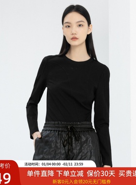 xg雪歌专柜正品黑色长袖T恤女2024春新百搭打底上衣XJ101007A190