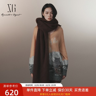 xg雪歌设计感V领落肩套头针织衫 小众毛衣XJ411084B393 女2024冬款