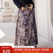 xg雪歌新国风设计感高腰印花半身裙女2024新款 中长裙XJ403032B396