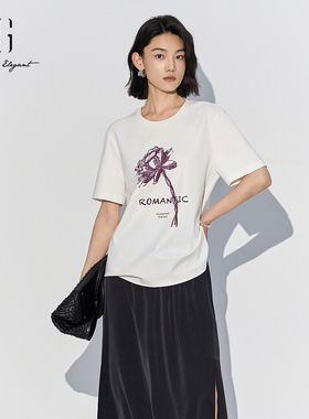 XG雪歌100%棉正肩印花T恤女短袖2025夏新款白色上衣XL201525A851