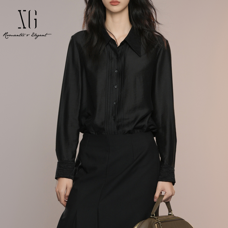 XG雪歌2025秋桑蚕丝混纺通勤极简百搭质感丝光衬衫女XK321008A290