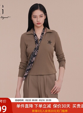 XG雪歌翻领长袖T恤女2025春新款创意印花修身上衣XK101019A309
