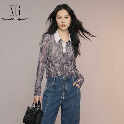 XG雪歌小众扎染翻领抽绳长袖衬衣女25秋新款露脐衬衫XK321021B194