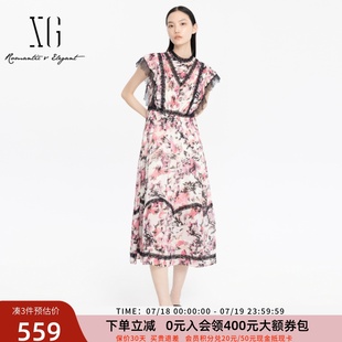 印花长裙子XJ204011B893 xg雪歌宫廷风蕾丝立领连衣裙女2024夏新款