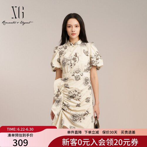 XG雪歌新中式旗袍风印花连衣裙女泡泡袖2025夏新款XK204005B197
