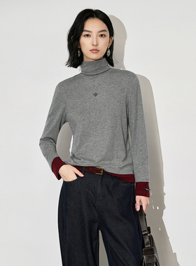 XG雪歌25冬撞色拼接舒适莱赛尔通勤高领打底衫女长袖XL401619A884