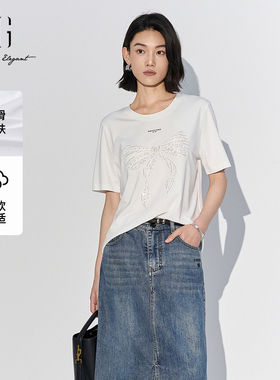 XG雪歌亮片蝴蝶结短袖T恤女25夏款宽松圆领白色上衣XL201543A851