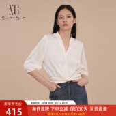 XG雪歌法式 随性白衬衣XK121003A551 2025春新款 优雅V领衬衫 女短袖