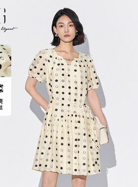 XG雪歌复古波点连衣裙女2025夏款V领莱赛尔中长裙子XL204853B806