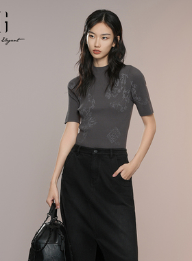 XG雪歌2025秋趣味印花修身显瘦通勤针织衫女短袖上衣XK311015A281