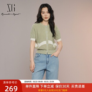 上衣XK211025B940 短袖 XG雪歌清新文艺风撞色拼接针织衫 女2025夏款