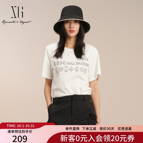 XG雪歌100%棉圆领百搭创意印花短袖T恤女2025夏新款XK201031A291