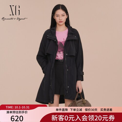 XG雪歌松弛感翻领风衣女2025春款宽松休闲中长款外套XK108016A490