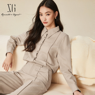 羊毛衬衫 厚款 XJ421022A473 尖领衬衣女2024冬款 xg雪歌利落剪裁时尚