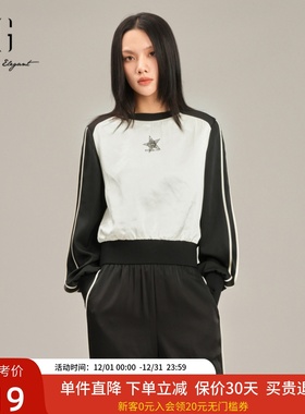 XG雪歌黑白撞色圆领套头卫衣女2025春款宽松休闲外套XK101002B490