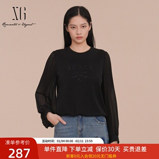 XG雪歌网纱拼接黑色T恤女长袖2025春新款莱赛尔上衣XK101016A490