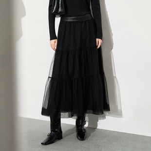 XG雪歌25冬轻盈网纱半身裙拼接显瘦A版 赫本风小黑裙XK403017A190