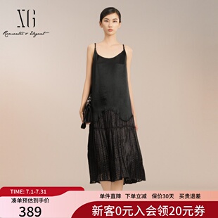 XG雪歌气质蕾丝拼接吊带连衣裙女25夏新款中长小黑裙XK204044A190