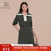 XG雪歌撞色翻领学院风休闲连衣裙女2025春新款 中长裙XK104010A543