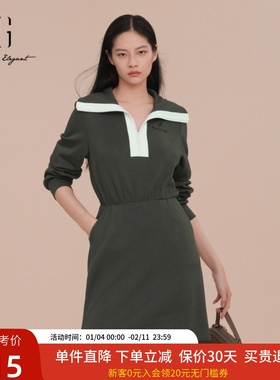 XG雪歌撞色翻领学院风休闲连衣裙女2025春新款中长裙XK104010A543