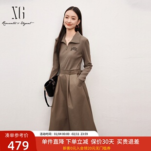 XG雪歌领带搭配假两件连衣裙2025春新款套头中长裙女XK104011A209