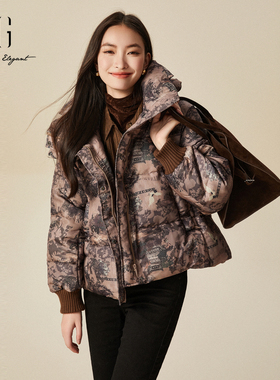 xg雪歌小众满版印花保暖休闲连帽短款羽绒服女外套冬XJ406097B396