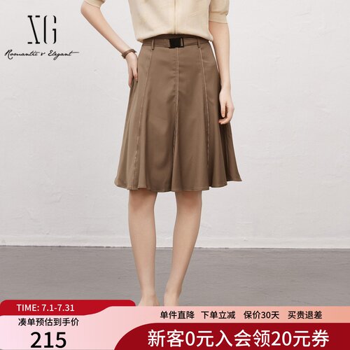 XG雪歌复古高腰半身裙女25春新款通勤简约中长A字裙XK103017A373