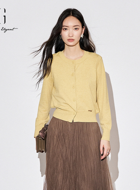 XG雪歌简约气质长袖针织开衫女2025秋装新款圆领小衫XK311038A432