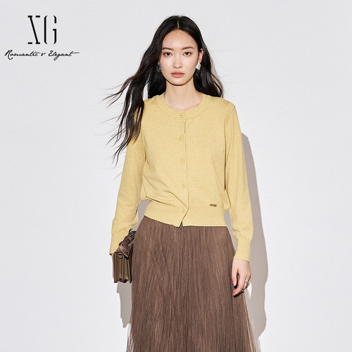 XG雪歌简约气质长袖针织开衫女2025秋装新款圆领小衫XK311038A432