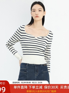 xg雪歌气质黑白条纹套头针织衫女长袖2024春装新款XJ111006B199