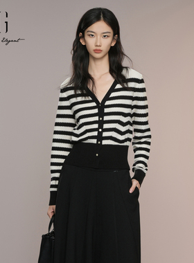 XG雪歌显瘦正肩法式V领条纹针织开衫女2025通勤上衣XK311004B299