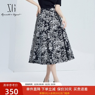 xg雪歌气质高腰压褶半身裙女2024秋新款 印花中长裙子XJ303013B297