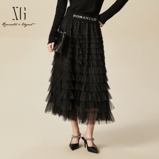 xg雪歌2024冬款 层叠网纱拼接半身裙显瘦小黑裙中长裙XJ403024A290