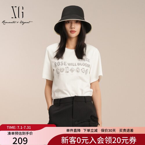 XG雪歌100%棉圆领百搭创意印花短袖T恤女2025夏新款XK201031A291