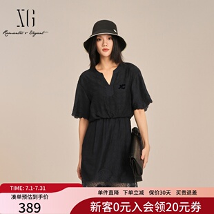 XG雪歌2025夏款简约莱赛尔V领短袖蕾丝拼接连衣裙女XK204021A428