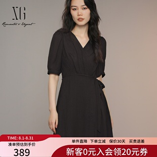 XG雪歌经典V领连衣裙女2025夏新款短袖气质小黑裙XK204072A190